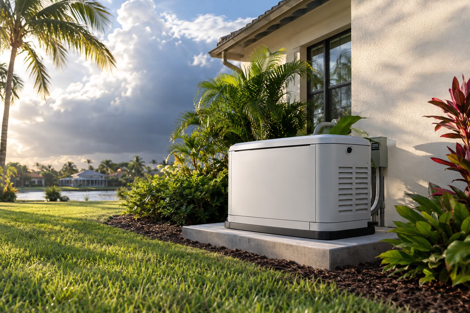 Standby home generator beside a Florida home